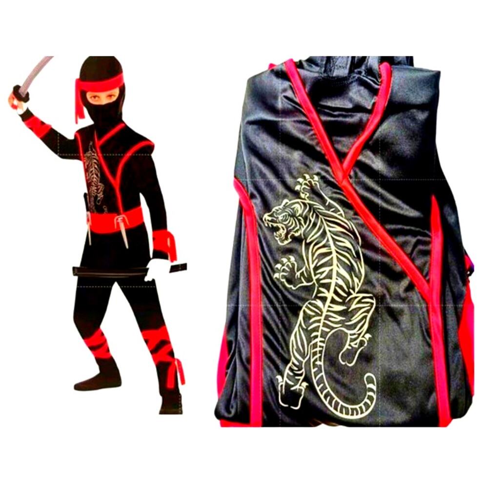 Ninja Asian Tiger Warrior Costume Childs Sz M 8-10 BLACK Halloween Martial Arts